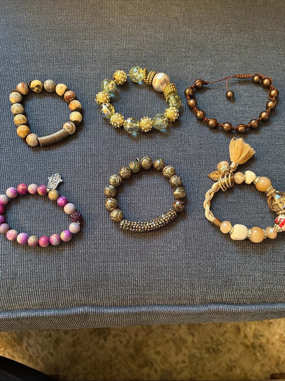 Set of six  Multi-Bead Women's Bracelet Set in Brown, Gold, Pink
